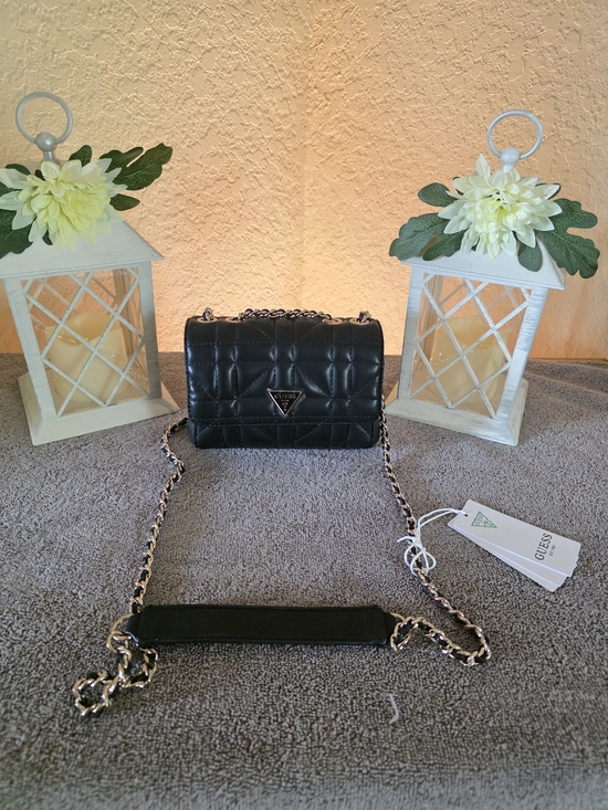 Guess Handbags - GUESS Black Quilted Chain-Accent Crossbody Bag